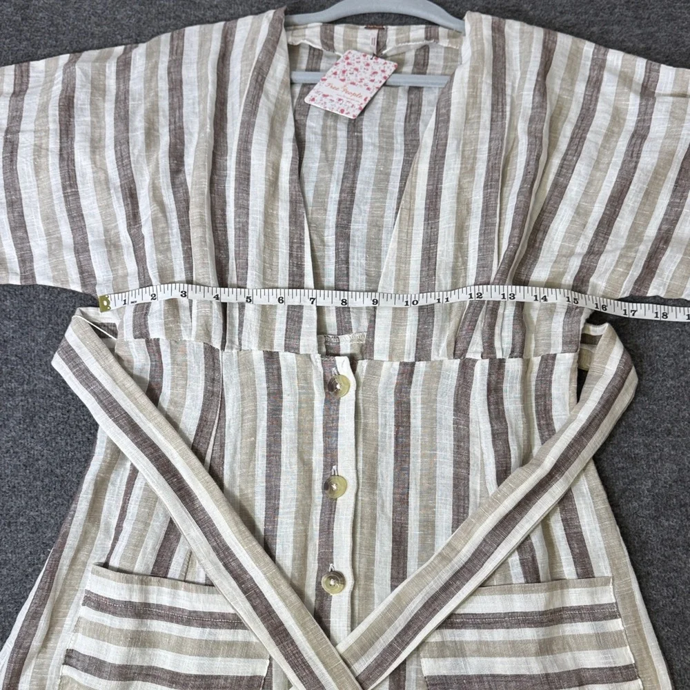 Free People Light Grey Striped Button-Front Midi Dress with Tie Waist – Size S‎